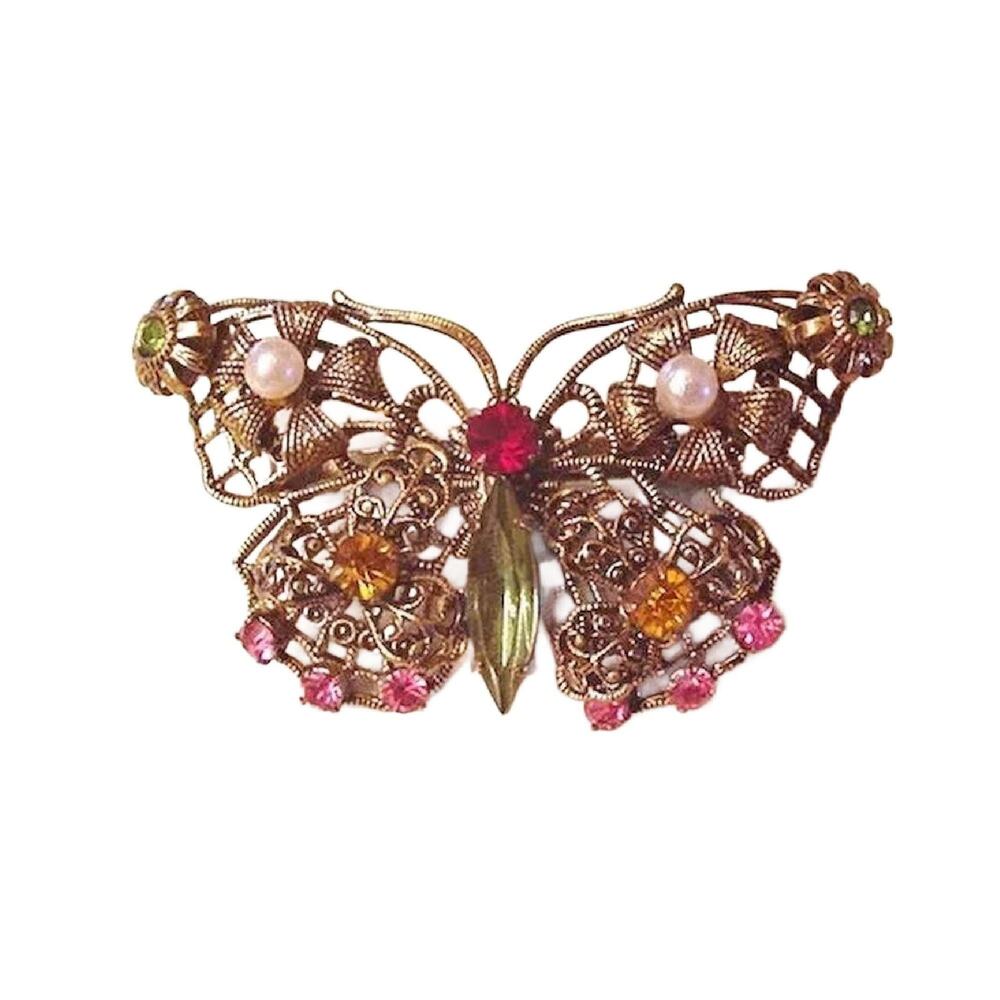 Vintage Czechoslovakia Brass Filigree Butterfly Brooch